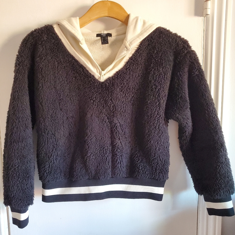 Forever 21 Kids Girl's Teddie Half Zip Hoodie Size 11/12 Casual Cozy Mixed Media